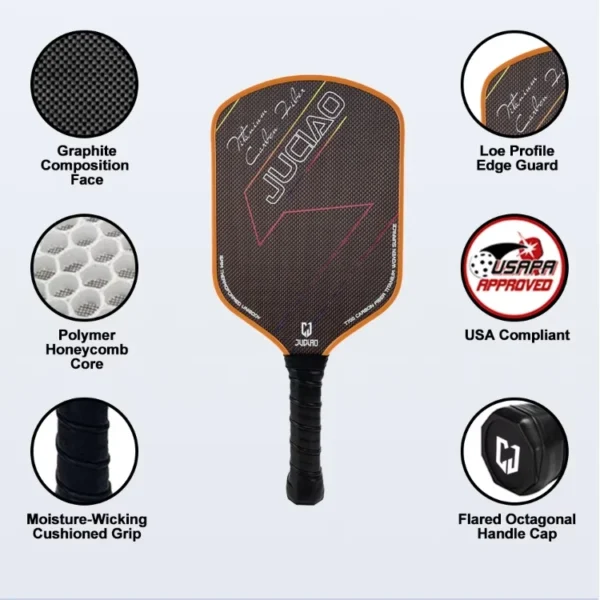 Carbon Fiber Orange Titanium Woven Surface Foam Build Edging Unibody Thermoformed Pickleball Paddle