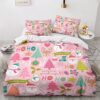 Pink Christmas Duvet Cover Twin Size Set - Kids Girls Christmas Bedding Bedroom Decor, Comforter Cover & 1 Pillowcase 2 Pieces - Cartoon Santa Theme, New Year, Lovely Home Collection Quilt Cover